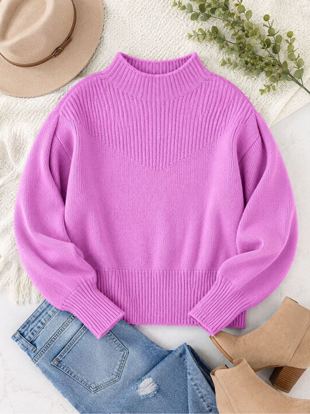 Zenana Pink Purple Balloon Sleeve Mock Neck Sweater Ribbed Knit Pullover NWT - Picture 8 of 8